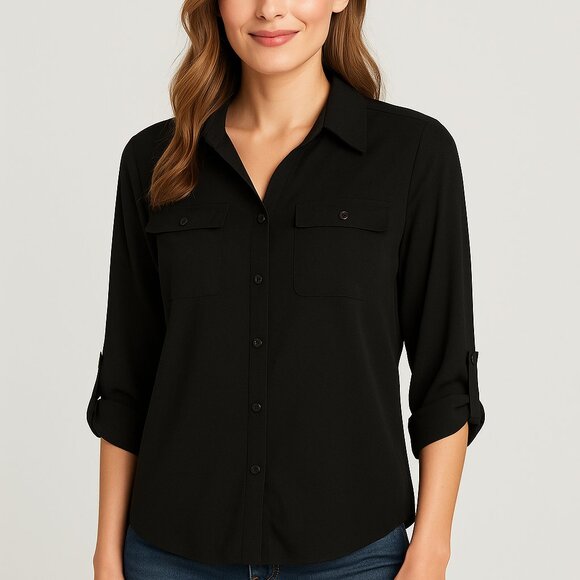 Dressbarn Black Button Down Blouse Women’s Size M Roll Tab Sleeves - Picture 1 of 5